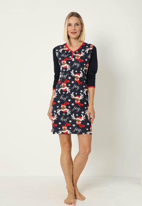 Camasa de noapte Craciun,imprimeu reni,culoare bleumarin ,En-gros